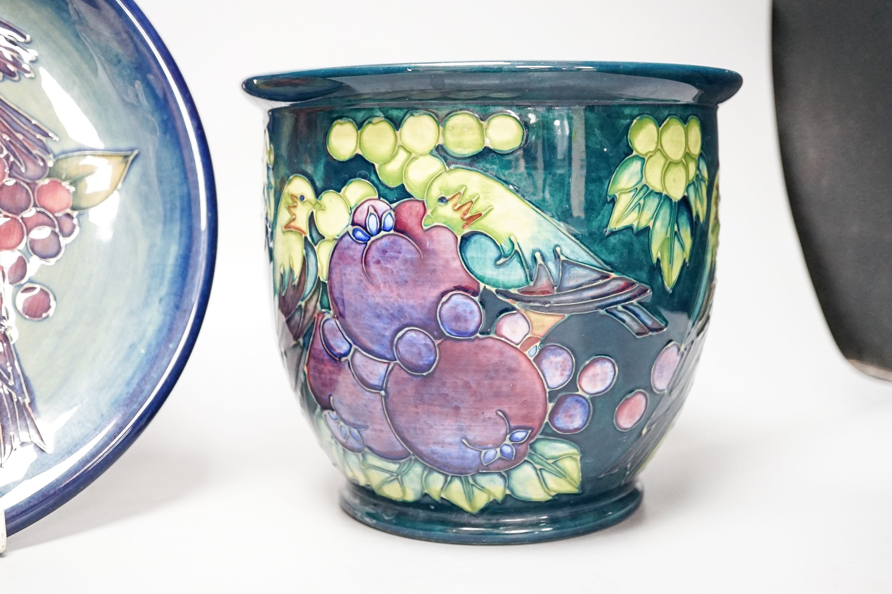 A Moorcroft Finches pattern jardiniere, 16cm high, and a similar Moorcroft dish, circa 1990's